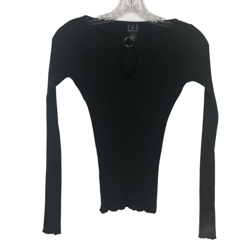 INC Black Keyhole Front Ribbed Knit Top Size S
